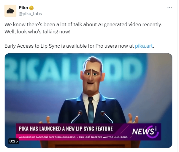 Pika推出Lip Sync功能 支持视频人物嘴部动画和音频同步 Pika推出Lip Sync功能 支持视频人物嘴部动画和音频同步